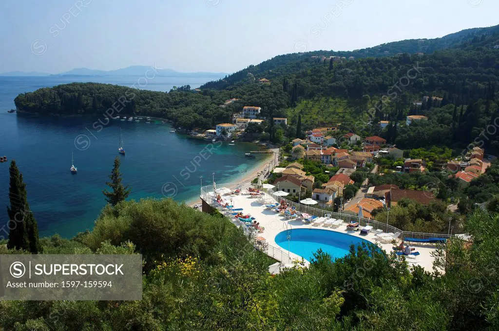 Greece, Europe, Ionic islands, isles, Kerkira, Kerkyra, Corfu, Mediterranean Sea, island, isle, islands, isles, outdoors, outside, Kalami, hotel pool,...