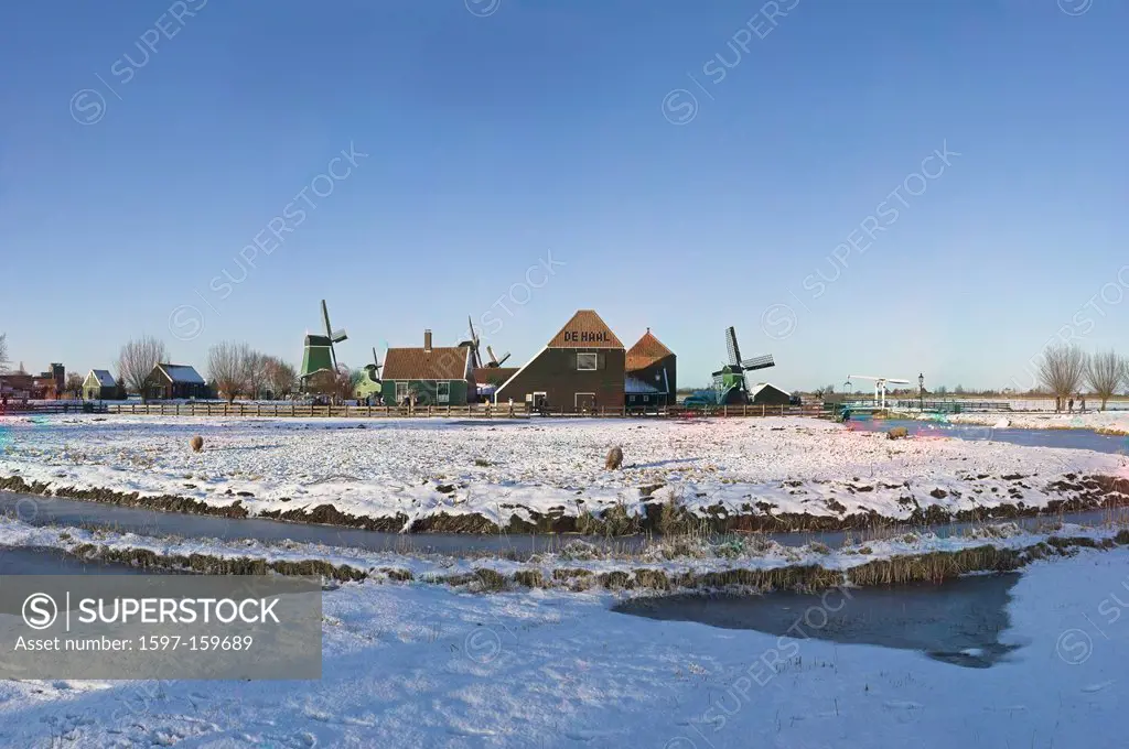 Netherlands, Holland, Europe, Zaandam, Windmill, Farm, Field, Meadow, Winter, Snow, Ice, Open_air, museum, De Zaanse Schans,