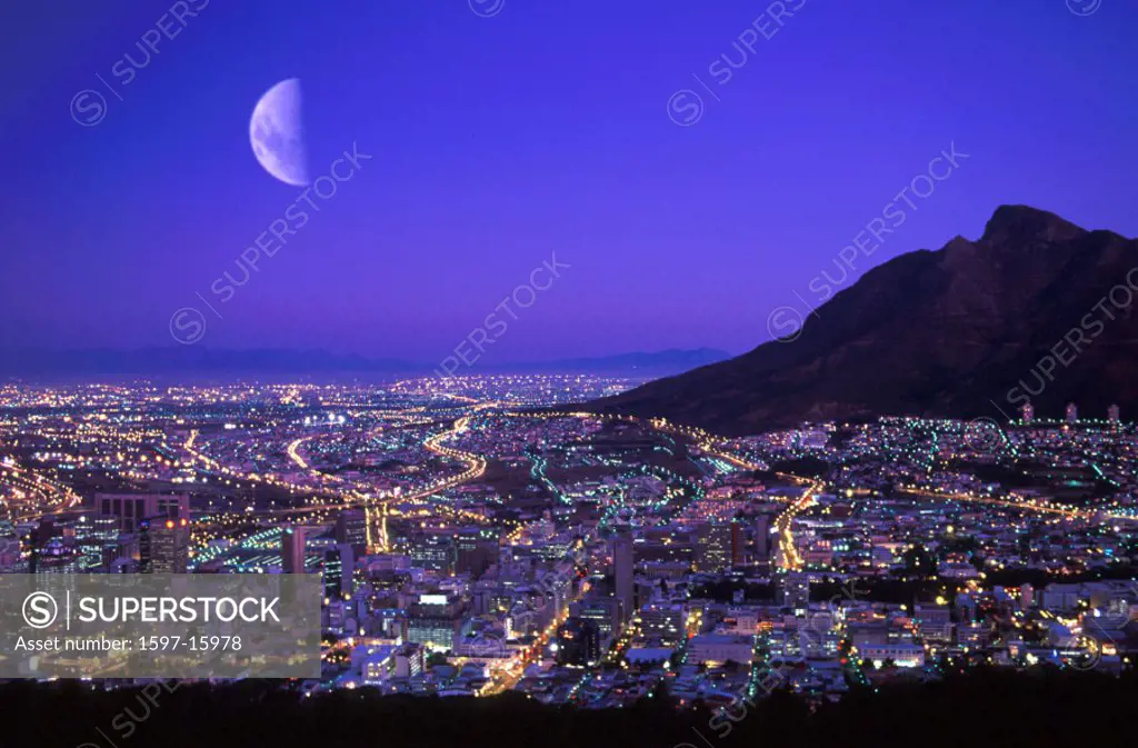 Africa, at night, Cape Town, city, full moon, moon, night, overview, South Africa, town