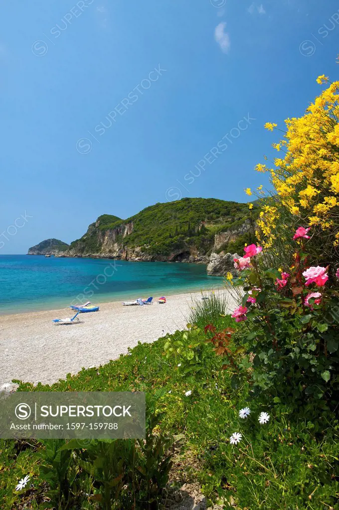 Greece, Europe, Ionic islands, isles, Kerkira, Kerkyra, Corfu, Mediterranean Sea, island, isle, islands, isles, outdoors, outside, Liapades, sand beac...