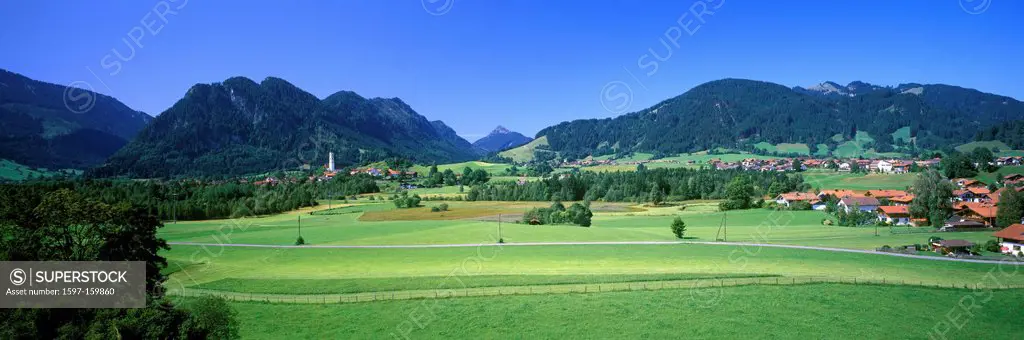 Germany, Europe, Bavaria, Allgäu, pfronten, meadows, summer, panorama, foothills, Alps, horizon, skyline, rests