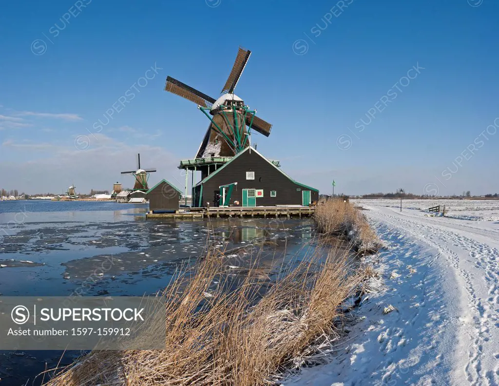 Netherlands, Holland, Europe, Zaandam, Windmill, Water, Winter, Snow, Ice, Open air, museum, De Zaanse Schans,
