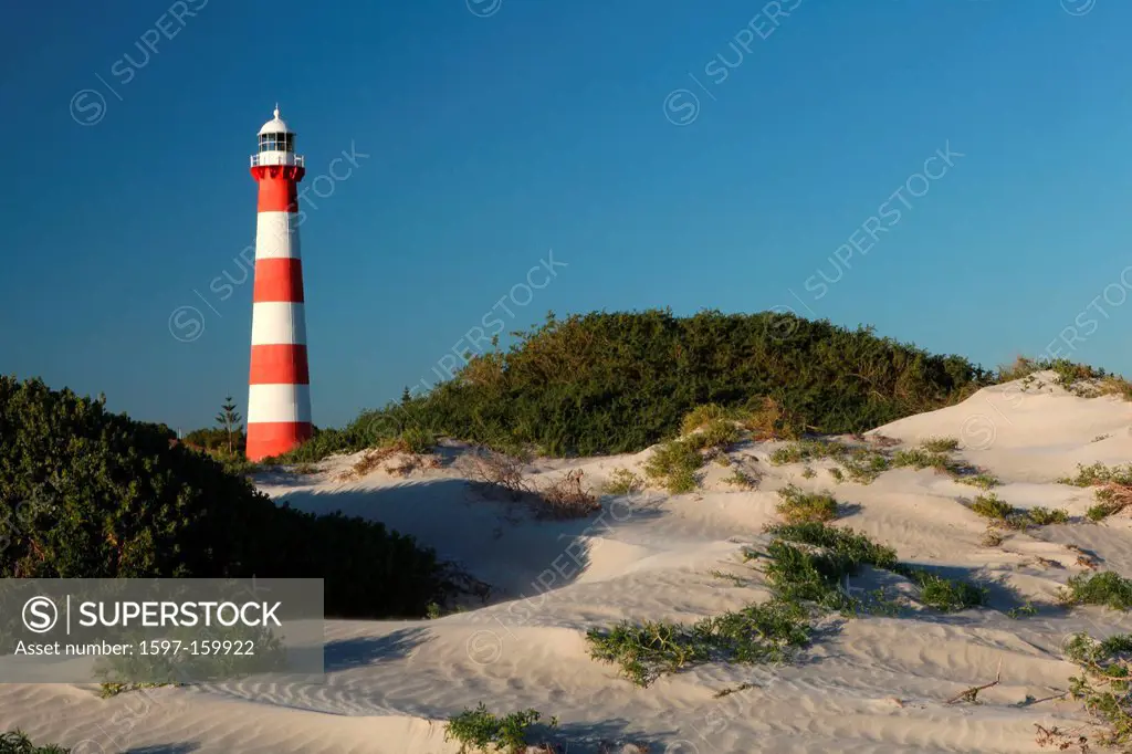 Point moors, Lighthouse, Geraldton, western Australia, west coast, Australia, lighthouse, beach, seashore, dunes, red, white sand, sand, white, blue s...