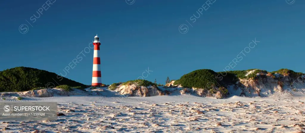 Point moors, Lighthouse, Geraldton, western Australia, west coast, Australia, lighthouse, beach, seashore, dunes, red, white sand, sand, white, blue s...
