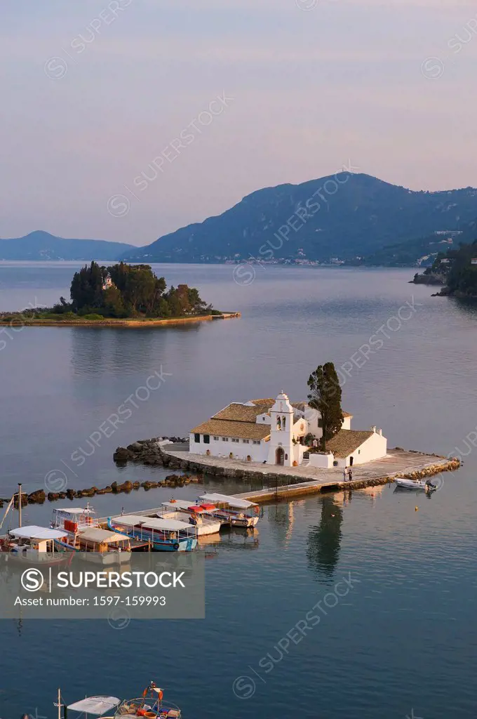 Greece, Europe, Ionic islands, isles, Kerkira, Kerkyra, Corfu, Mediterranean Sea, island, isle, islands, isles, outdoors, outside, Vlacherna, Corfu to...