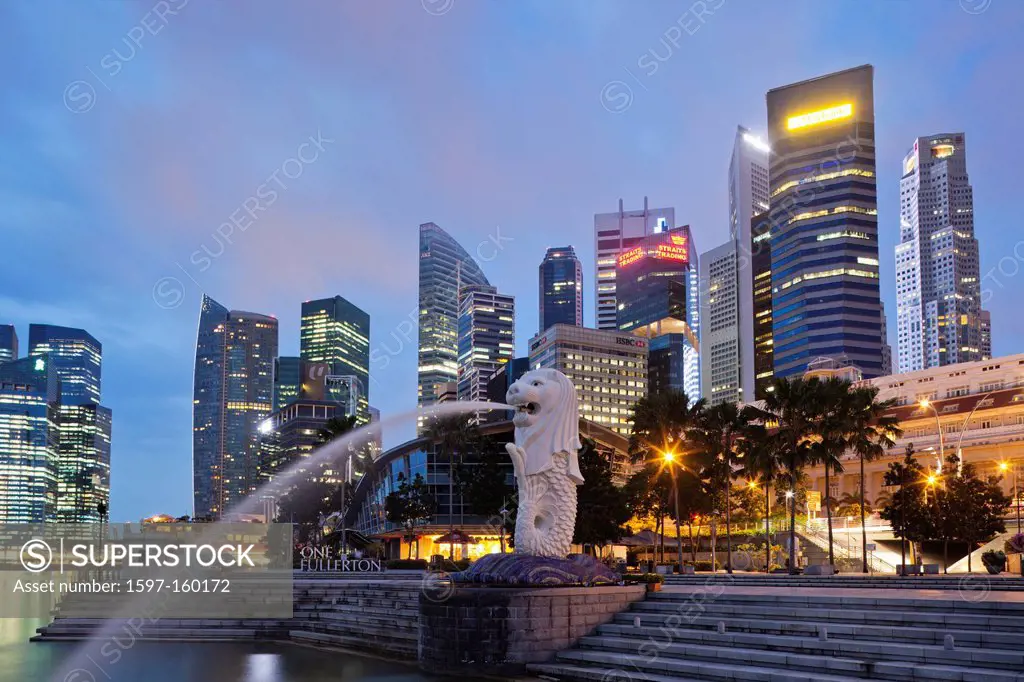 Asia, Singapore, Merlion, Merlion Statue, City Skyline, Cityscape, Skyscrapers, Modern Buildings, Hi_rise, Night View, Night Lights, Illumination, Tou...