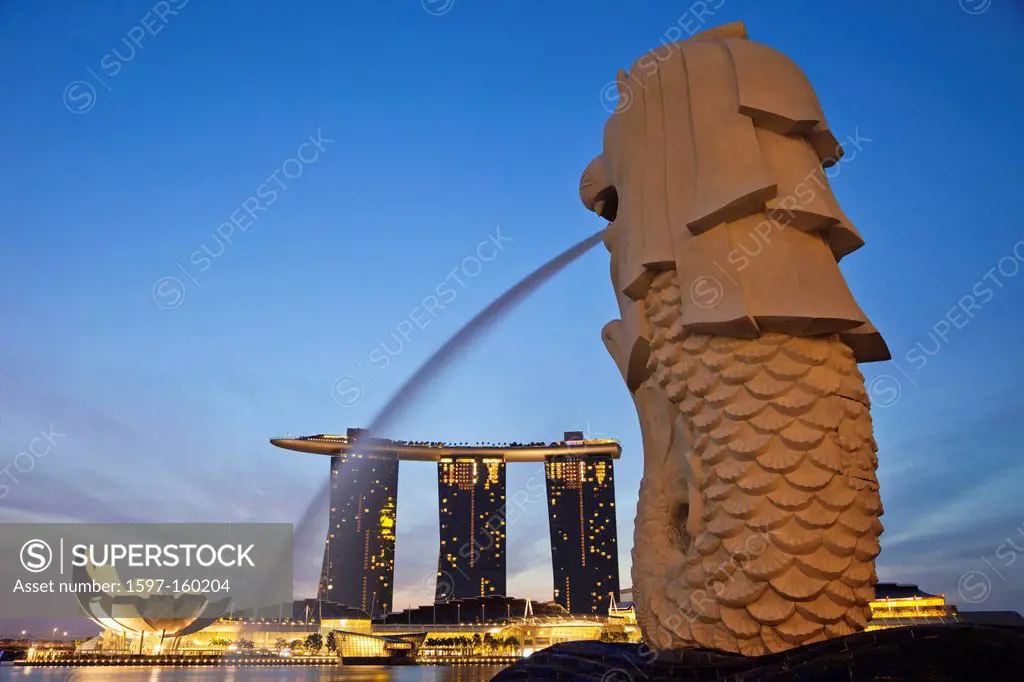 Asia, Singapore, Merlion Statue, Merlion, Marina Bay Sands, Hotel, Hotels, Casino, Casinos, Night View, Night Lights, Illumination, Tourism, Holiday, ...