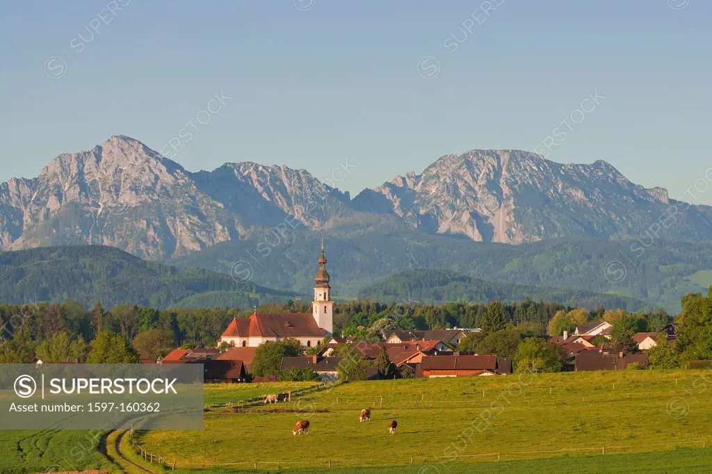 Bavaria, Upper Bavaria, Germany, Berchtesgaden country, Saaldorf, sky, blue sky, rest, spare time, tourism, Rupertiwinkl, church, steeple, village chu...