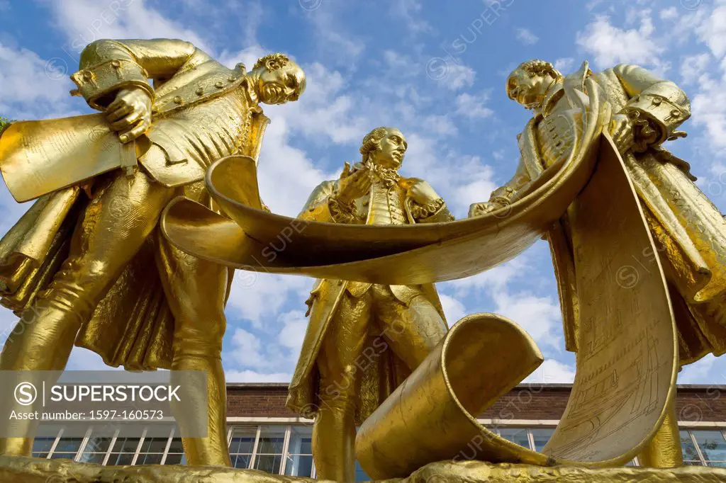 statue, Matthew Boulton, James Watt, William Murdoch, Broad Street, Birmingham, England, UK, United Kingdom, Great Britain, gilded, bronze