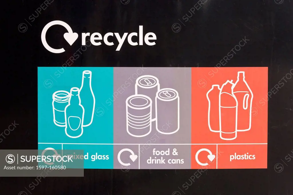 recycle, notice, mixed glass, plastics, environmental, dispose, rubbish, garbage, refuse, England, UK