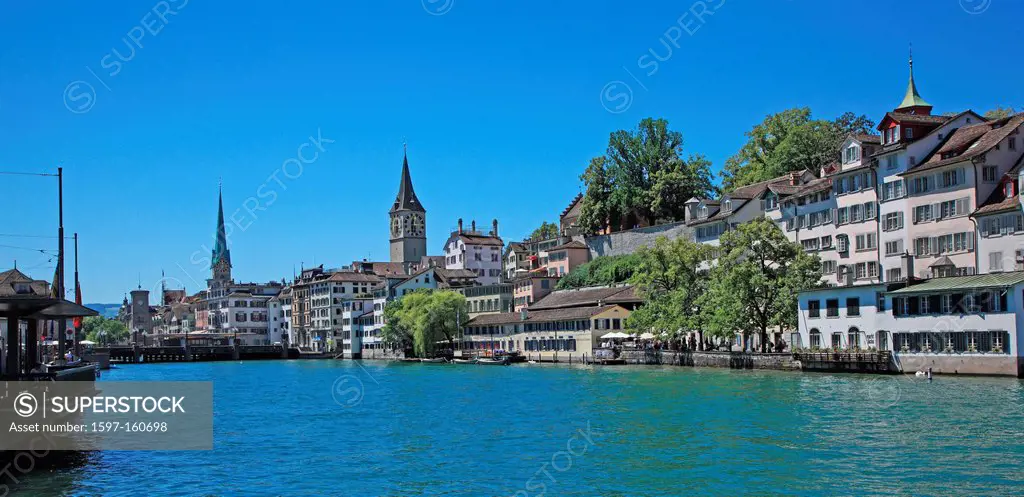 Travel, Geography, Architecture, Culture, Old Town, City, Urban, Scenic, Church, Lake, Europe, Switzerland, Zurich, Boat, Horizontal