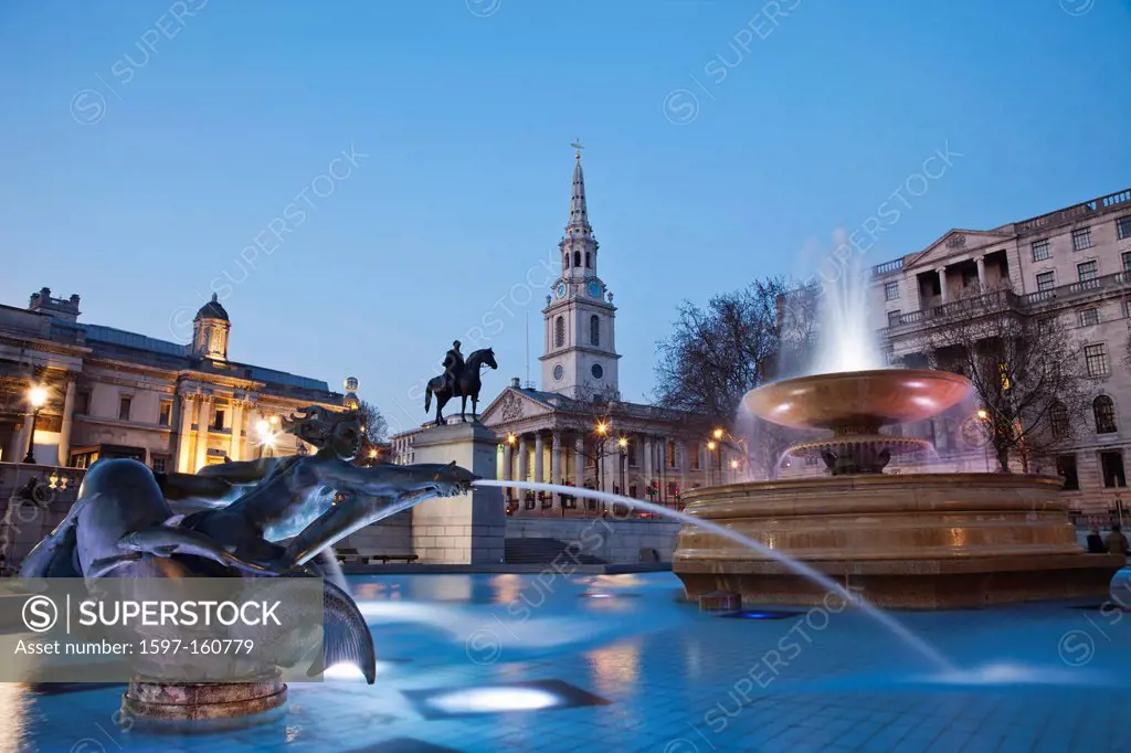 UK, United Kingdom, Great Britain, Britain, England, London, Trafalgar Square, Fountain, Fountains, Night view, Illumination, Tourism, Travel, Holiday...