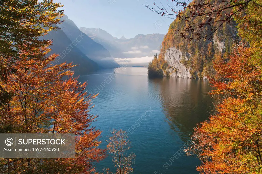 Berchtesgaden country, Berchtesgaden, national park, water, lake, Königsee, autumn, colors, Bavaria, Upper Bavaria, Germany, mountains, colorful, colo...