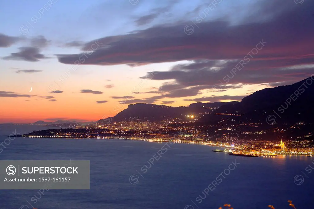 France, Europe, Alpes Maritimes, Menton, Riviera, town, city, lights, Cap Martin, at night, evening, Cap Ferrat, Monaco