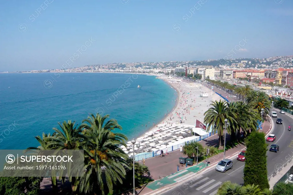 France, Europe, Nice, Nice, Côte d´Azur, beach, seashore, promenade of the Anglais, palms