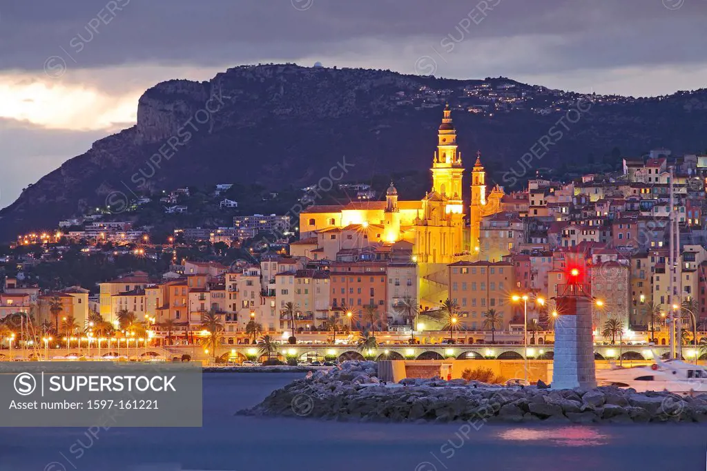 France, Europe, Alpes Maritimes, Menton, at night, evening, lighthouse, Gavran, church, St. Michel, Riviera