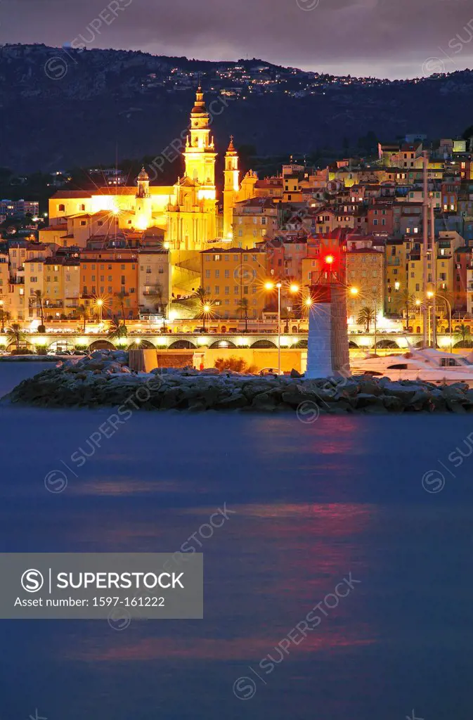 France, Europe, Alpes Maritimes, Menton, at night, evening, lighthouse, Gavran, church, St. Michel, Riviera