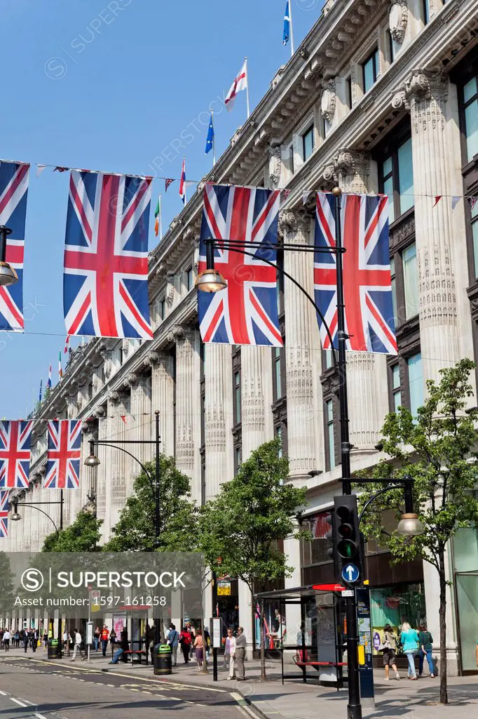 UK, United Kingdom, Great Britain, Britain, England, Europe, London, Oxford Street, Union Jack, Bunting, Flags, Selfridges