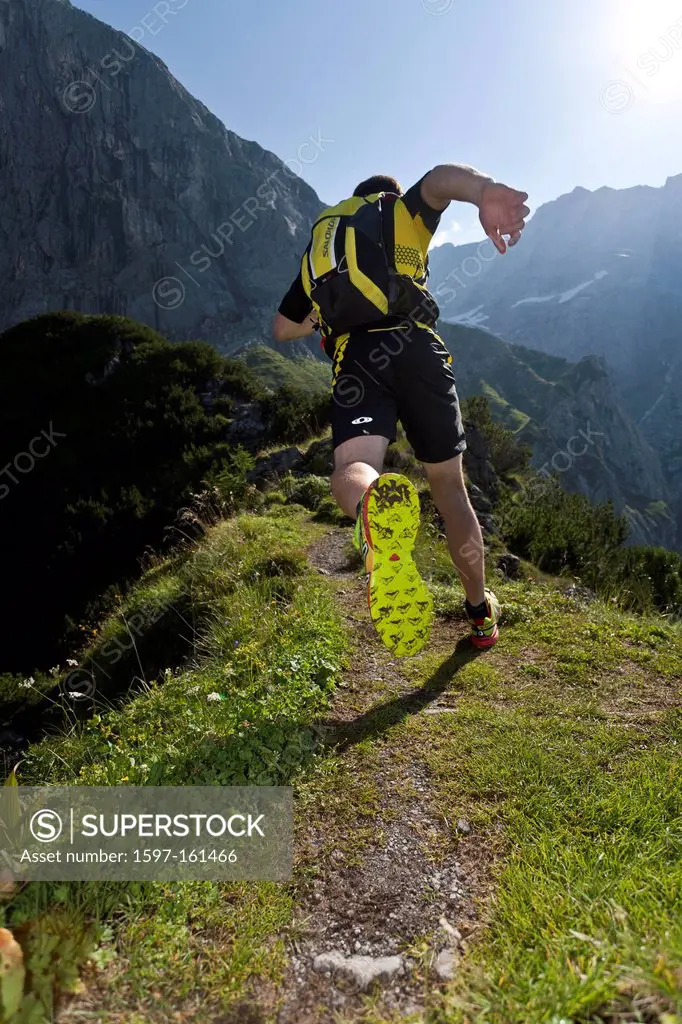 Trailrunning, Trail running, Trail, Ramsau, Dachstein, Styria, Austria, man, meadow, running, walking, run, mountains, mountain run, jogging, sport, f...