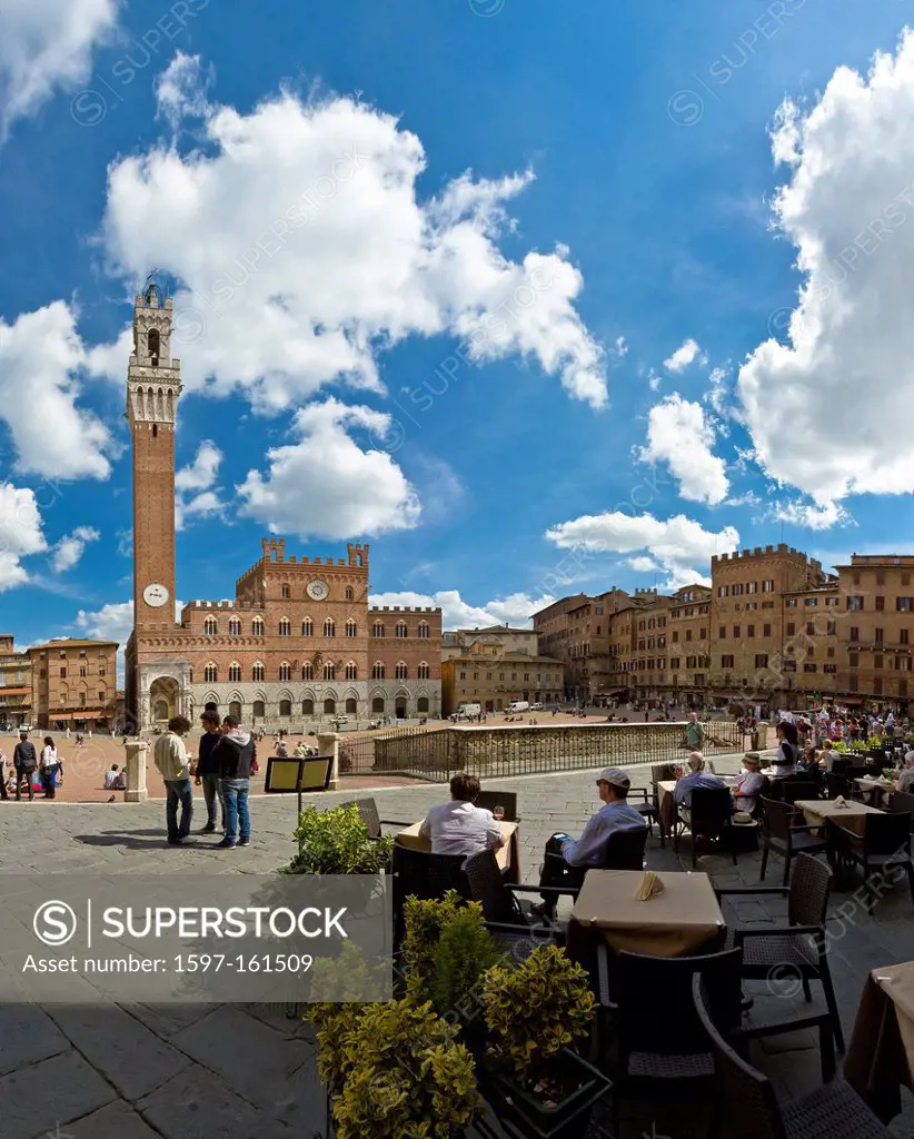 Siena, Sienna, Italy, Europe, Tuscany, Toscana, place, tower, rook, Piazza del Campo, Torre del Mangia, tourism, street cafe, Piazza del Campo,