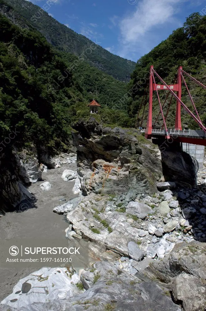 Asia, national park, Taroko, Hualin, Hualien, Taiwan, Taroko, gulch, water, gray, bridge, suspension bridge,