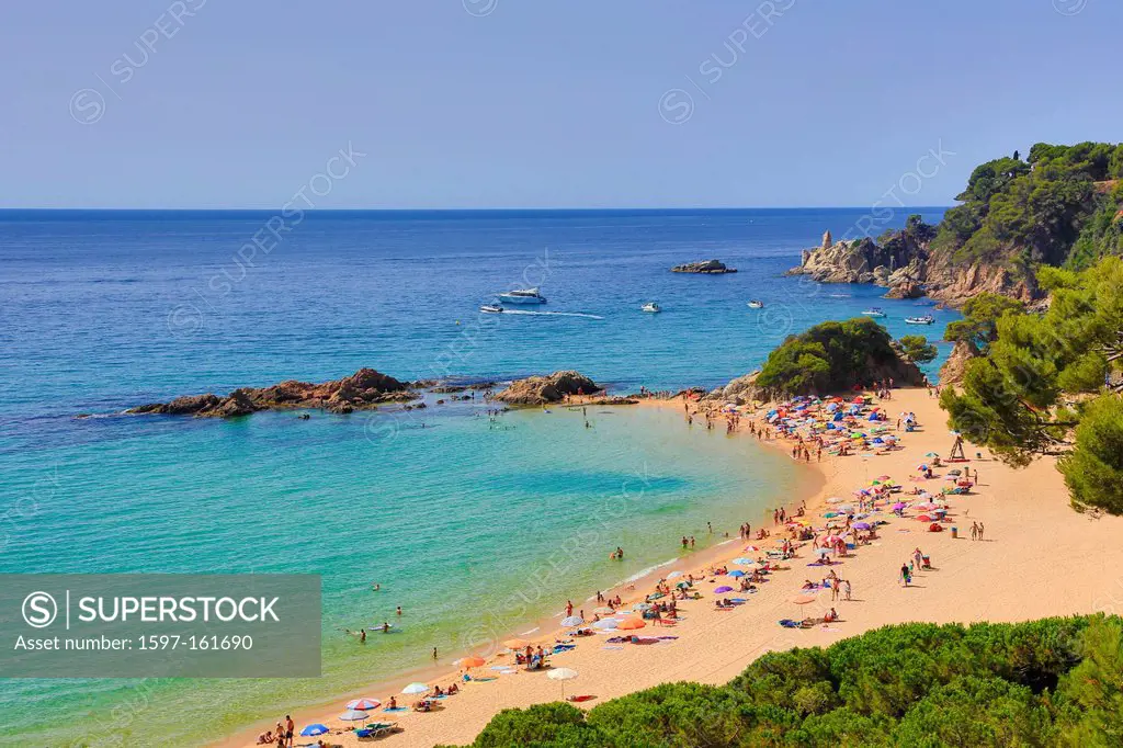 Spain, Europe, Catalonia, Costa Brava Coast, Lloret de Mar, town, Santa Cristina Beach, Lloret, Loret de Mar, beach, blue, bright, coast, colourful, C...