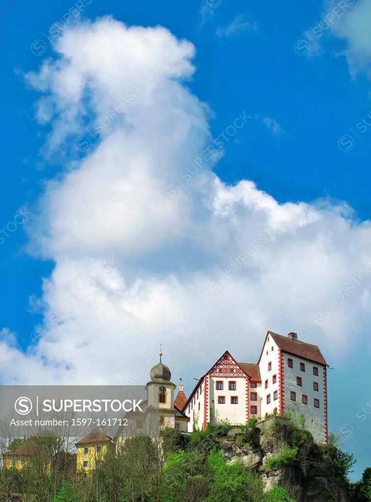 Germany, Europe, Franconian Switzerland, Europe, castle, Egloffstein, sky, blue, heap clouds, clouds,