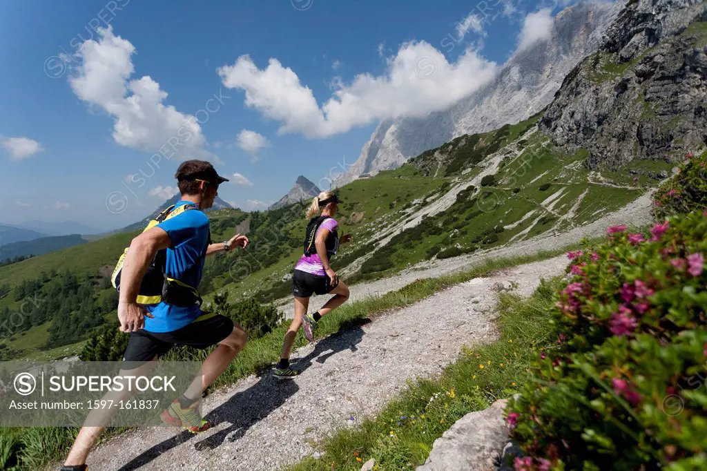 Trailrunning, Trail running, Trail, Ramsau, Dachstein, Styria, Austria, couple, woman, man, precipitous, steep, running, walking, run, mountains, moun...