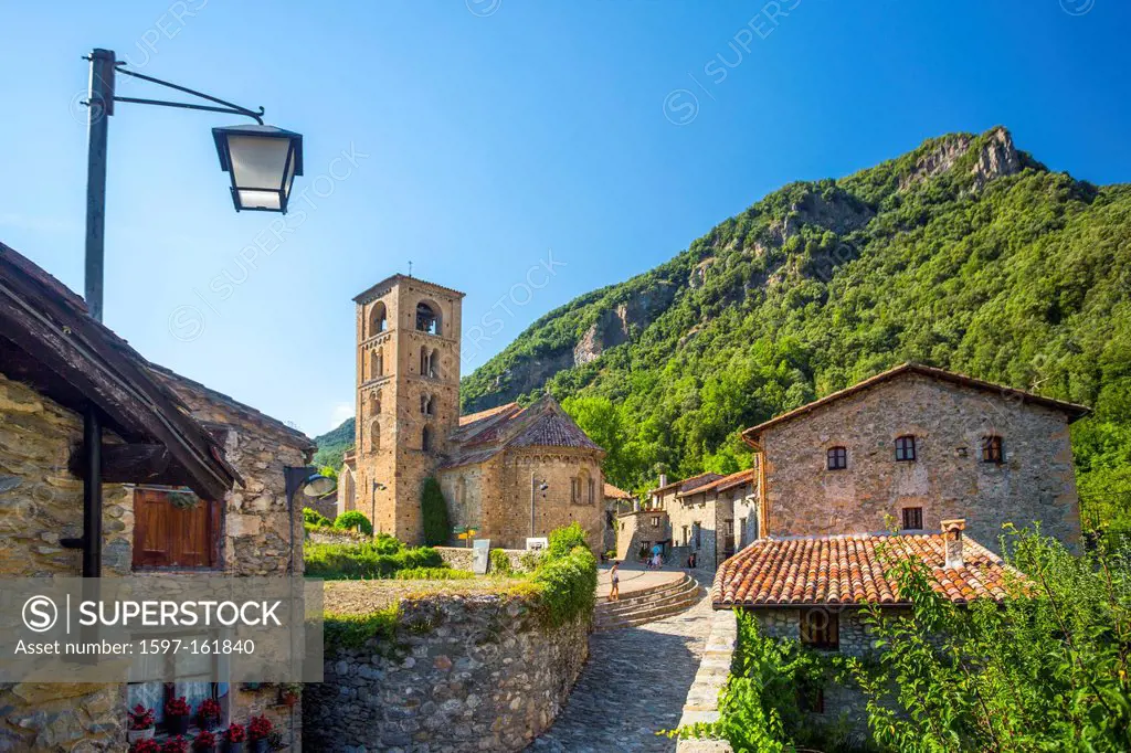 Spain, Europe, Catalonia, Girona Province, Beget, San Cristofol, architecture, belfry, church, farol, girona, lamp, medieval, mountain, natural, natur...
