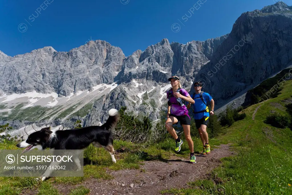 Trailrunning, Trail running, Trail, Ramsau, Dachstein, Styria, Austria, couple, woman, man, meadow, running, walking, run, mountains, mountain run, do...