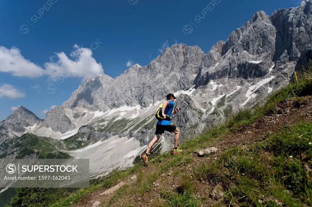 Trailrunning, Trail running, Trail, Ramsau, Dachstein, Styria, Austria, man, precipitous, steep, running, walking, run, mountains, mountain run, joggi...