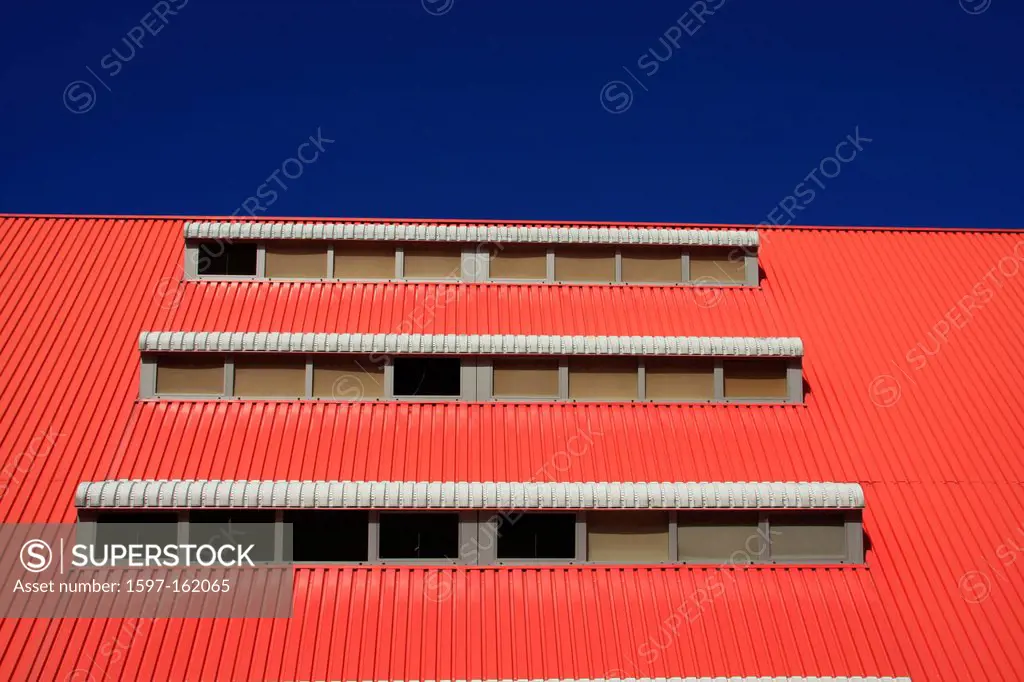Switzerland, Schlieren, canton Zurich, industry, architecture, warehouse, concepts, facade, wall, detail, red, blue, window