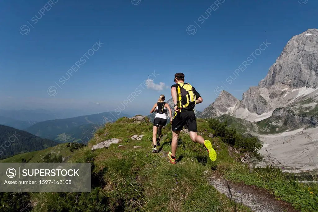 Trailrunning, Trail running, Trail, Ramsau, Dachstein, Styria, Austria, couple, woman, man, meadow, running, walking, run, mountains, mountain run, jo...