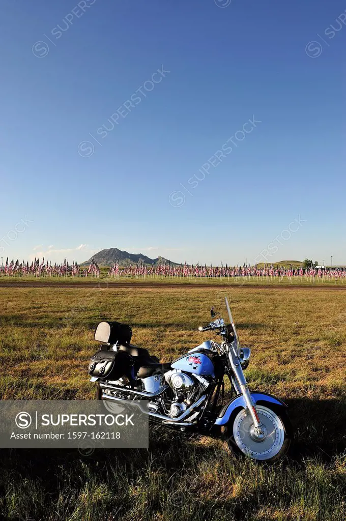 American flags, flags, Harley, Harley Davidson, bike, ride, freedom, grassland, Sturgis, South Dakota, USA, United States, America, North America, Ral...