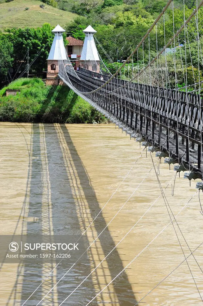 Old, foot bridge, bridge, River, suspension bridge, Rio Cauca, Antigua Puente de Occidente, Santa Fe de Antioquia, Colombia, South America