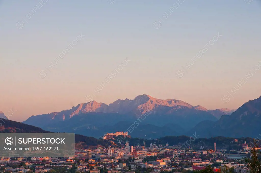 Austria, Salzburg, fortress, fortress Hohensalzburg, Hohensalzburg, castle, panorama, town panorama, Old Town panorama, mountains, Tennengebirge