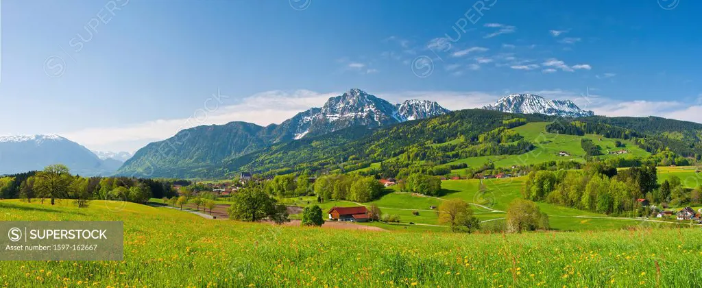Germany, Bavaria, Europe, Upper Bavaria, Berchtesgaden area, Rupertiwinkel, meadow, Höglwörth, village, meadow, Hochstaufen, Zwiesel, spring, agricult...