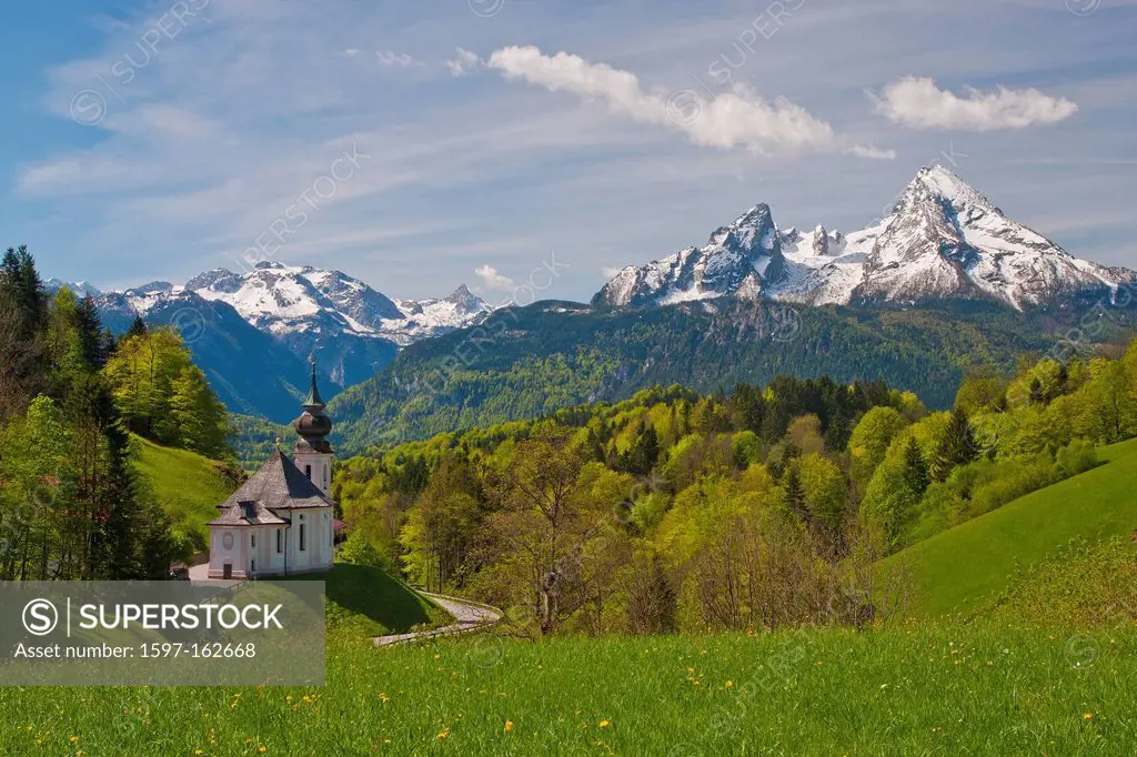 Bavaria, Europe, Upper Bavaria, Berchtesgaden area, Berchtesgaden, Maria Gern, Mary, pilgrimage, Watzmann, sky, blue sky, Alps, mountains, rock, panor...