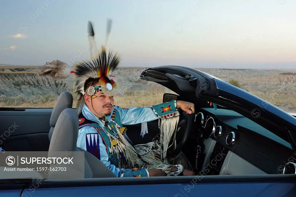 Sioux, Badlands, Stephen Yellowhawk, car, badland, warriors, feathers, regalia, American Native, Lakota, South Dakota, USA, United States, America, No...