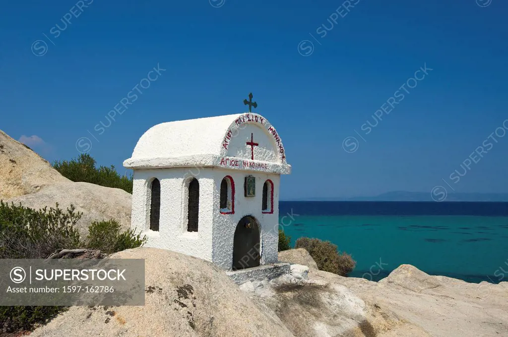 Chalkidiki, Greece, Halkidiki, Travel, vacation, Europe, European, day, chapel, chapels, coast, seashore, coasts, seashores, sea, Kavourotypes, Sithon...
