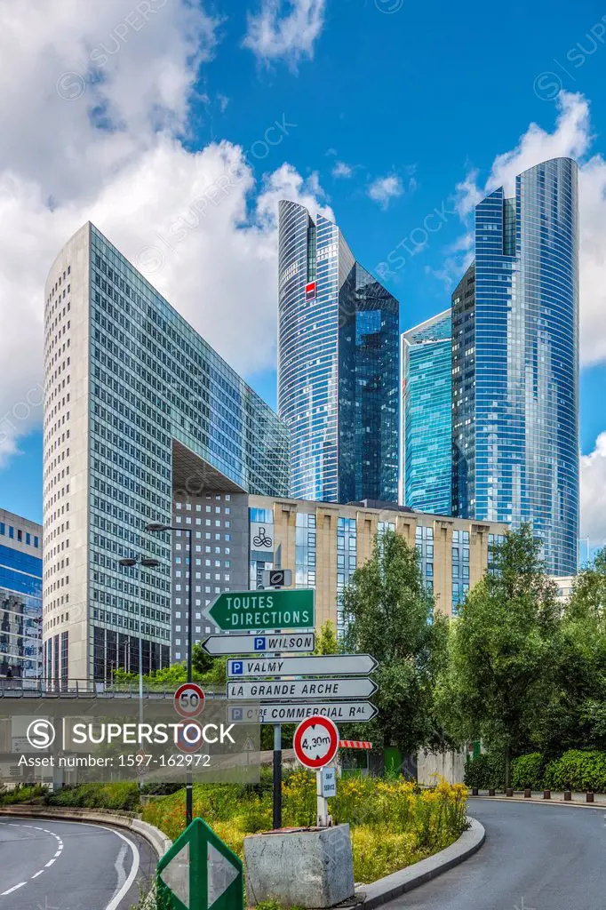 France, Europe, travel, Paris, City, La Defense, architecture, buildings, crossing, defense, directions, new, road, signs, skyline, skyscrapers
