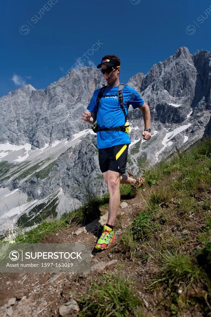 Trailrunning, Trail running, Trail, Ramsau, Dachstein, Styria, Austria, man, precipitous, steep, running, walking, run, mountains, mountain run, joggi...