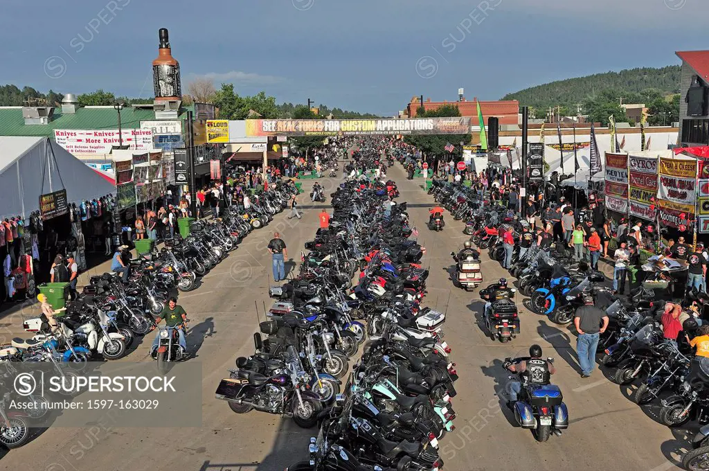 Bikes, bike, crowded, street, Harley, Harley Davidson, Motorcycle, Rally, downtown, Sturgis, South Dakota, USA, United States, America, North America,...