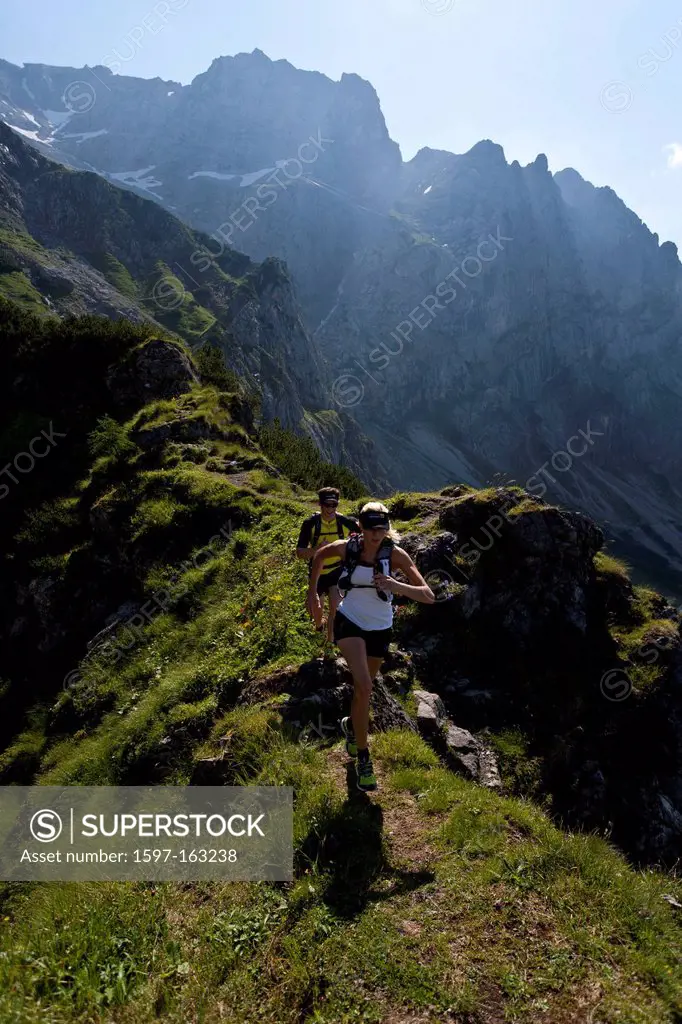 Trailrunning, Trail running, Trail, Ramsau, Dachstein, Styria, Austria, couple, woman, man, meadow, running, walking, run, mountains, mountain run, jo...