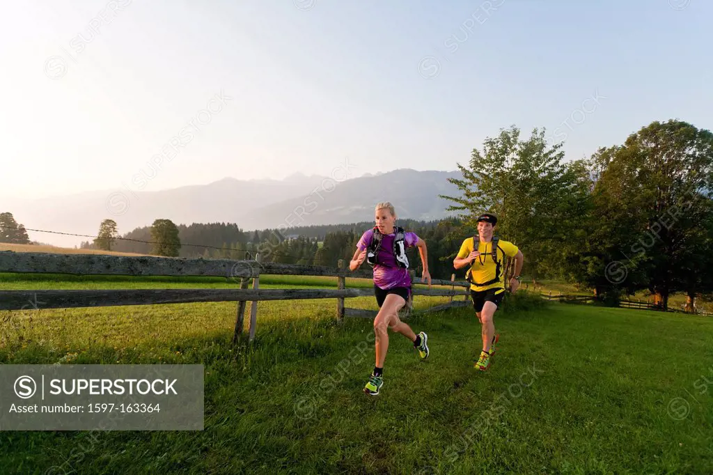 Trailrunning, Trail running, Trail, Ramsau, Dachstein, Styria, Austria, couple, woman, man, meadow, running, walking, run, jogging, sport, fitness, he...