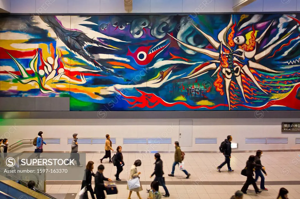 Japan, Asia, holiday, travel, Tokyo, City, Shibuya, Station, art, colourful, hall, modern, mural, painting, transfer