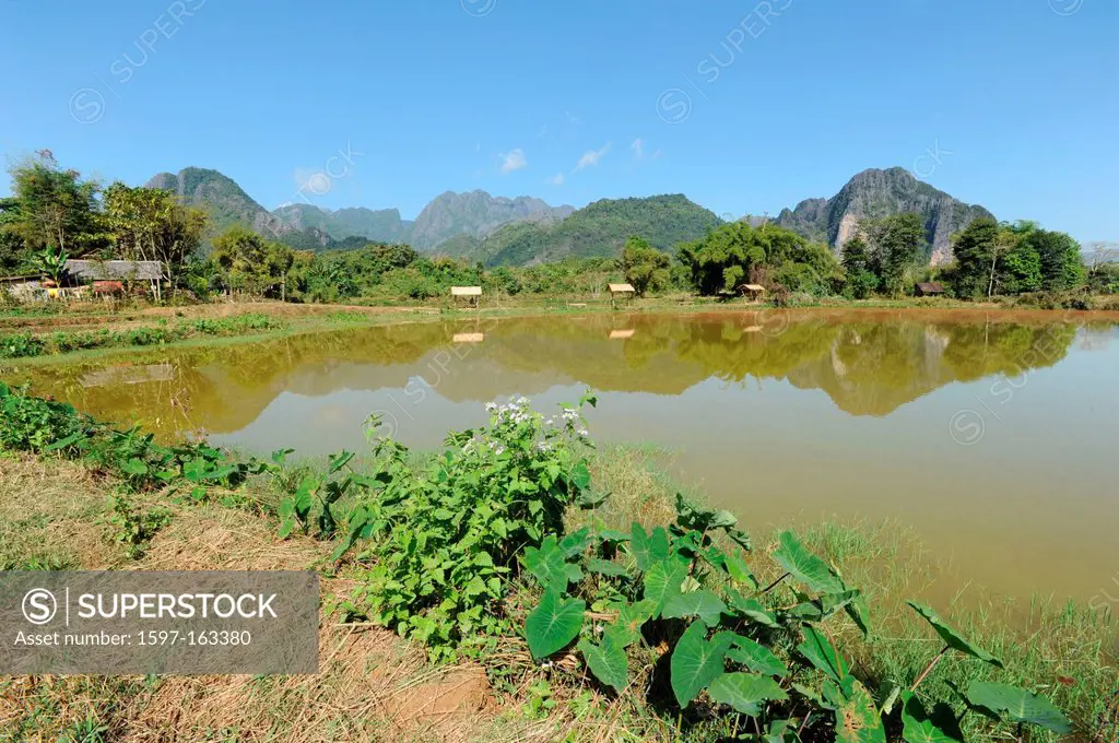 Laos, Asia, Vang Vieng, Pa Pong, lake, scenery, landscape, mountains, nature