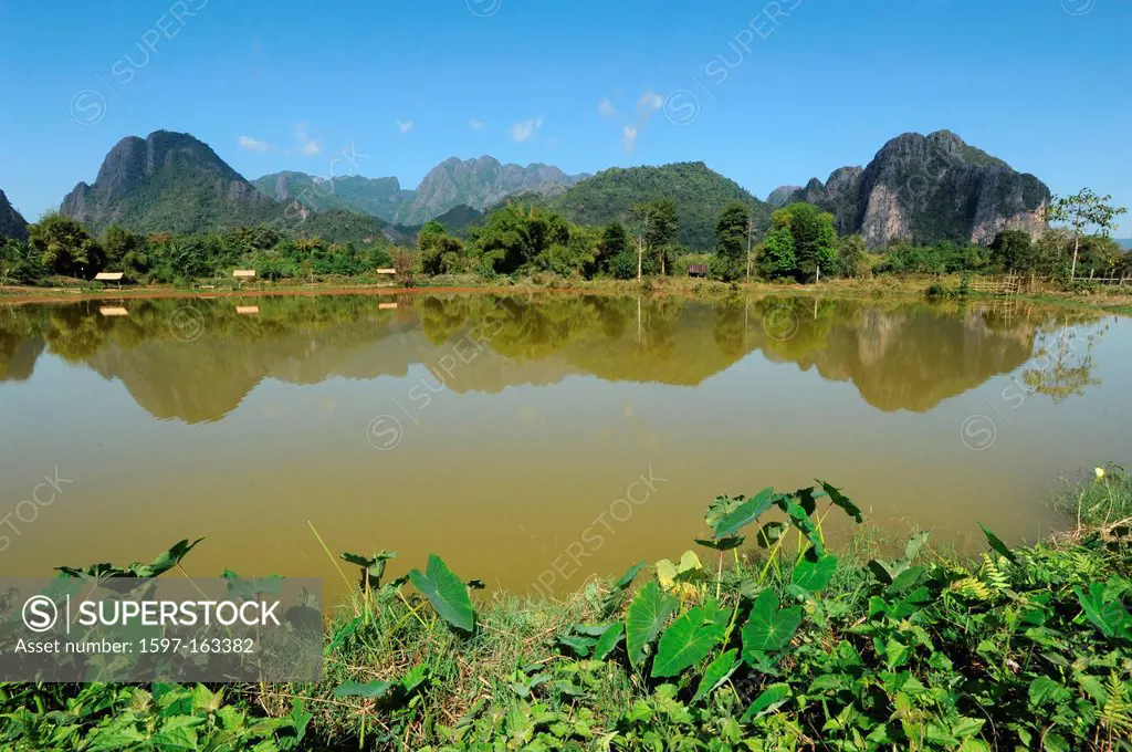 Laos, Asia, Vang Vieng, Pa Pong, lake, scenery, landscape, mountains, nature,