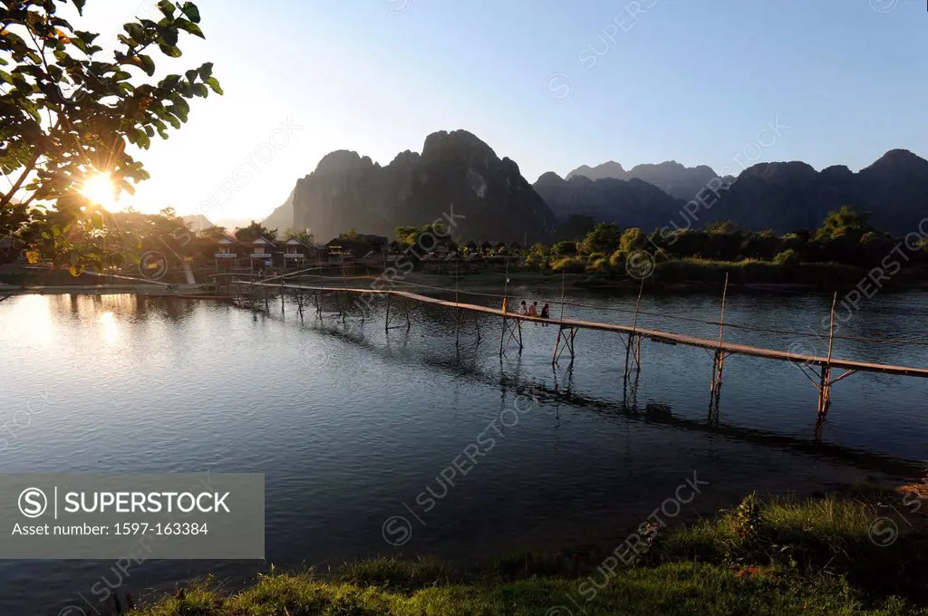 Laos, Asia, Vang Vieng, Xong, river, flow, mountains, scenery, landscape, bridge, sundown