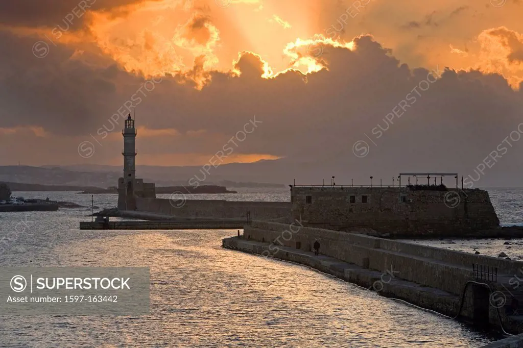 sea, coastal, ocean, water, Chania, Hania, Crete, Greece, Europe, harbor, harbour, bay, lighthouse